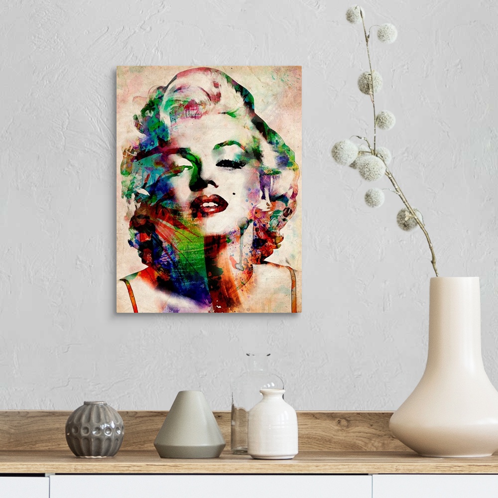 A farmhouse room featuring Contemporary art of Marilyn Monroe with abstract colors on a distressed background.