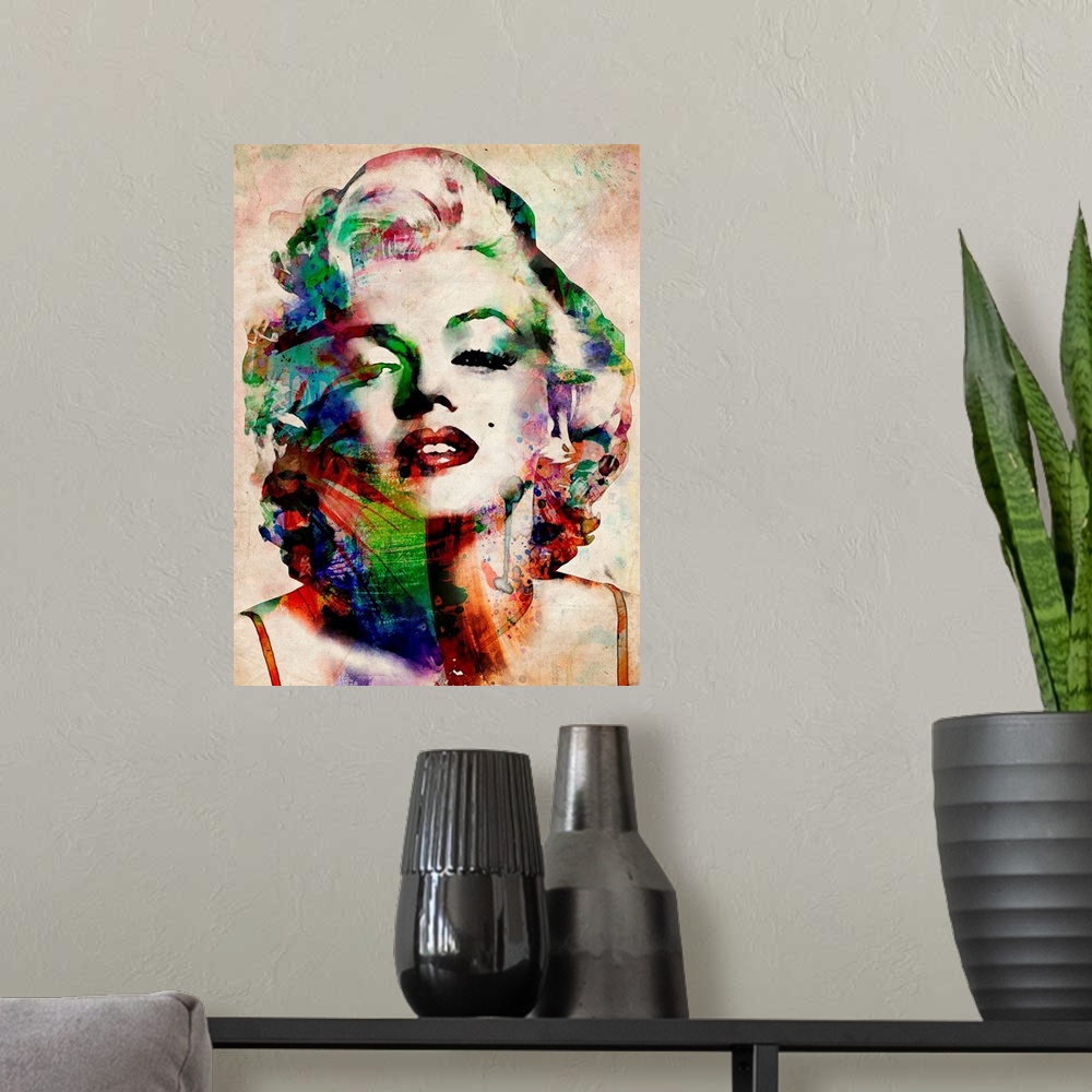 A modern room featuring Contemporary art of Marilyn Monroe with abstract colors on a distressed background.