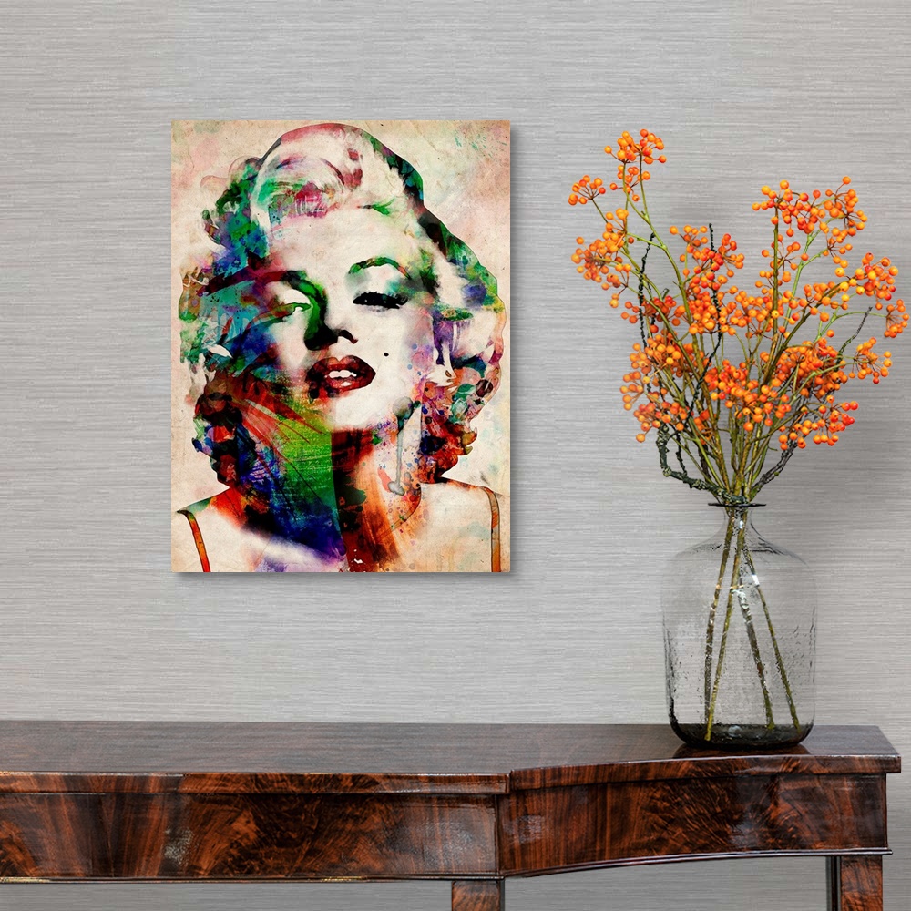 A traditional room featuring Contemporary art of Marilyn Monroe with abstract colors on a distressed background.