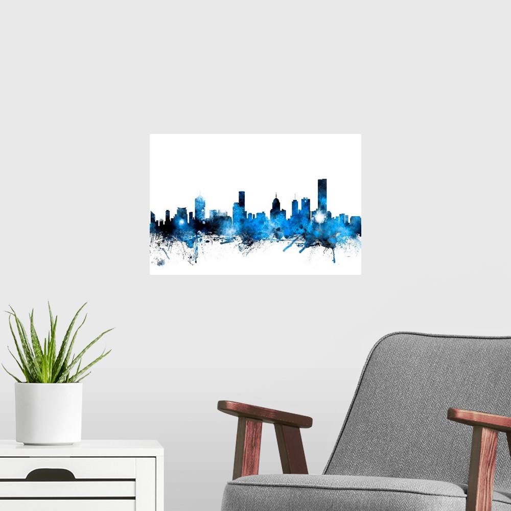 A modern room featuring Contemporary piece of artwork of the Melbourne skyline made of colorful paint splashes.