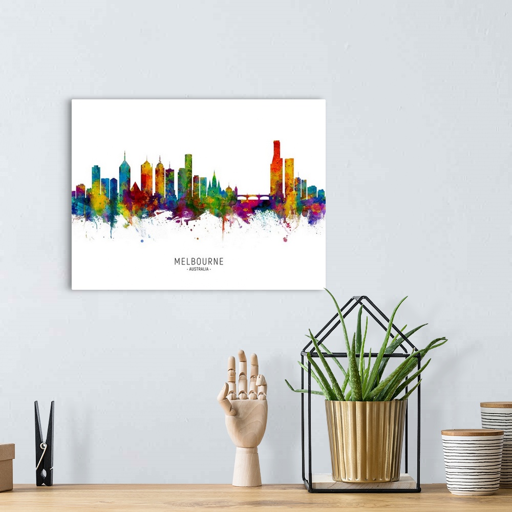 A bohemian room featuring Watercolor art print of the skyline of Melbourne, Australia.
