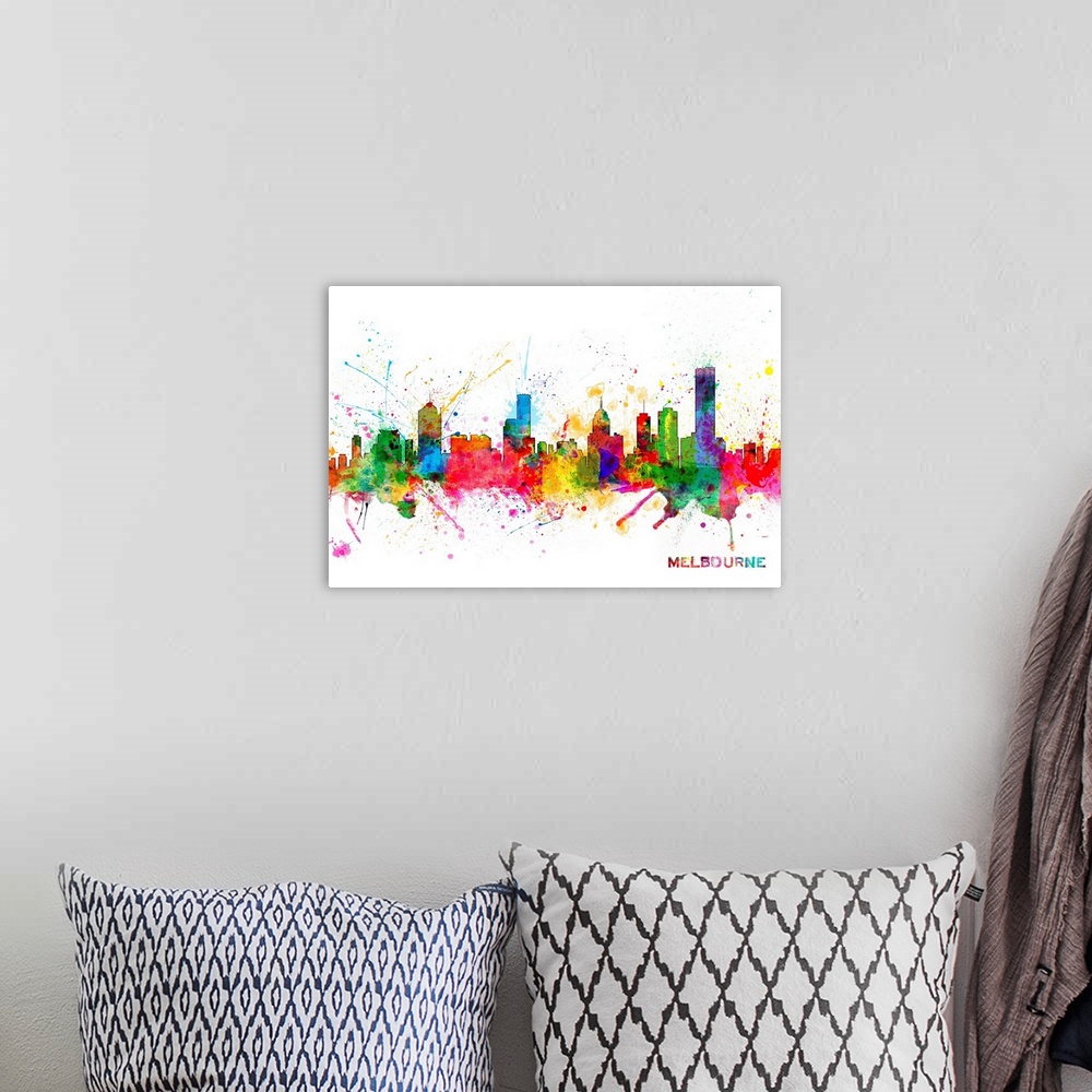 A bohemian room featuring Contemporary piece of artwork of the Melbourne skyline made of colorful paint splashes.
