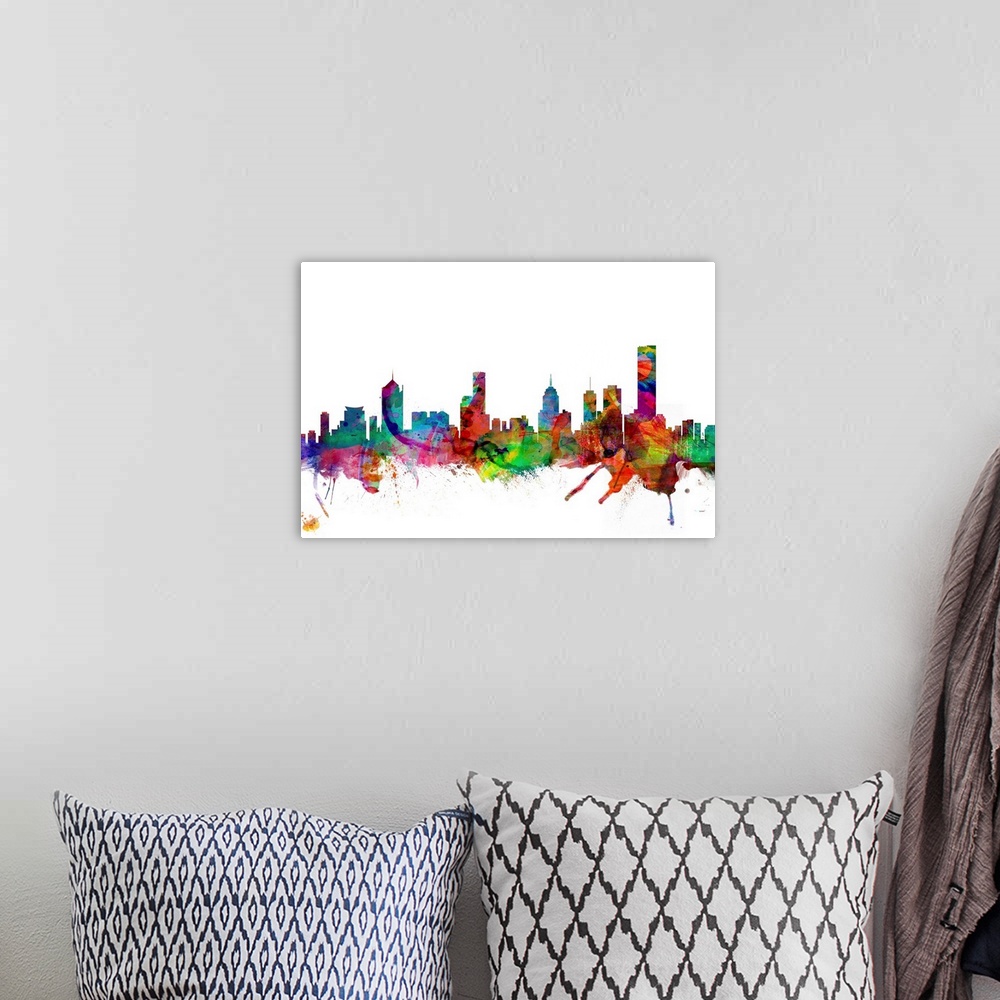 A bohemian room featuring Watercolor artwork of the Melbourne skyline against a white background.