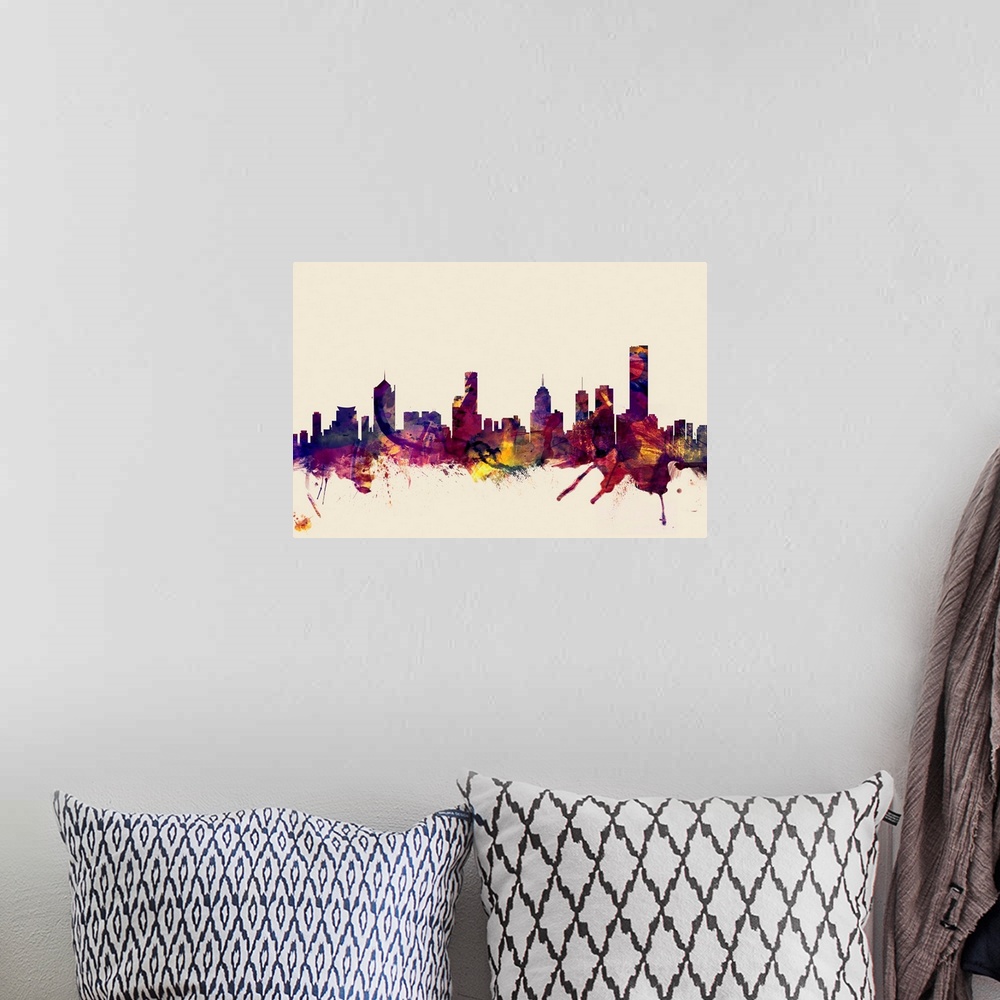 A bohemian room featuring Contemporary artwork of the Melbourne city skyline in watercolor paint splashes.