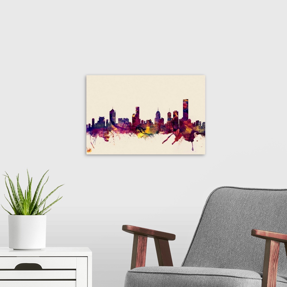 A modern room featuring Contemporary artwork of the Melbourne city skyline in watercolor paint splashes.