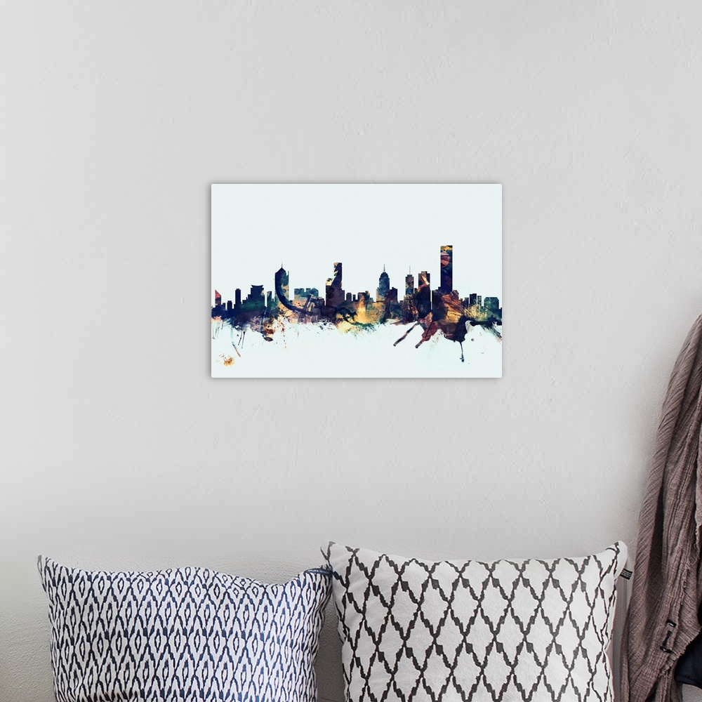 A bohemian room featuring Watercolor art print of the skyline of Melbourne, Australia