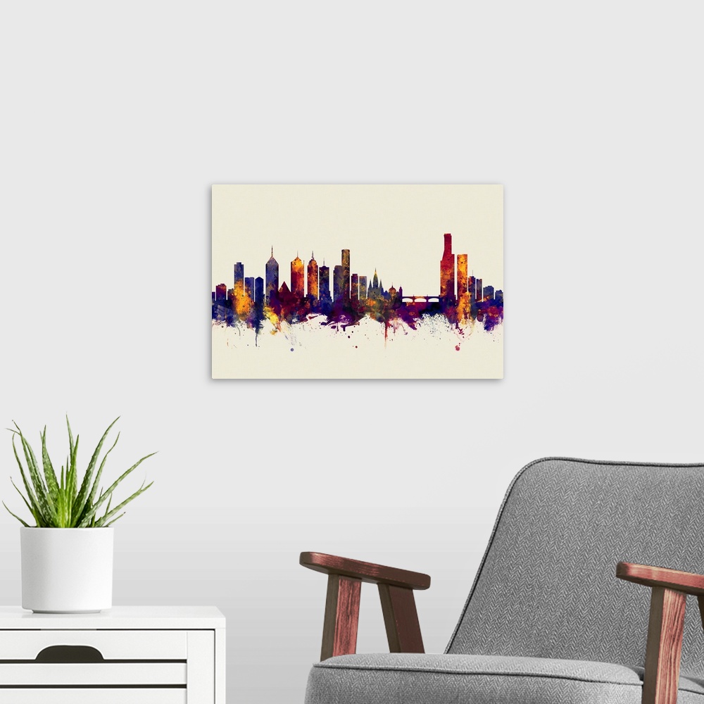 A modern room featuring Watercolor art print of the skyline of Melbourne, Australia