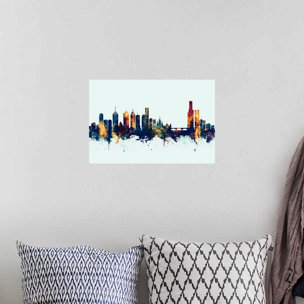 A bohemian room featuring Watercolor art print of the skyline of Melbourne, Australia