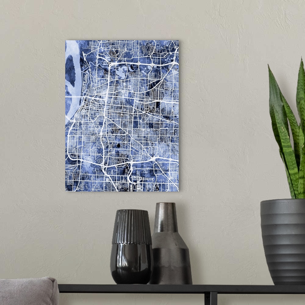 A modern room featuring Watercolor street map of Memphis, Tennessee, United States.