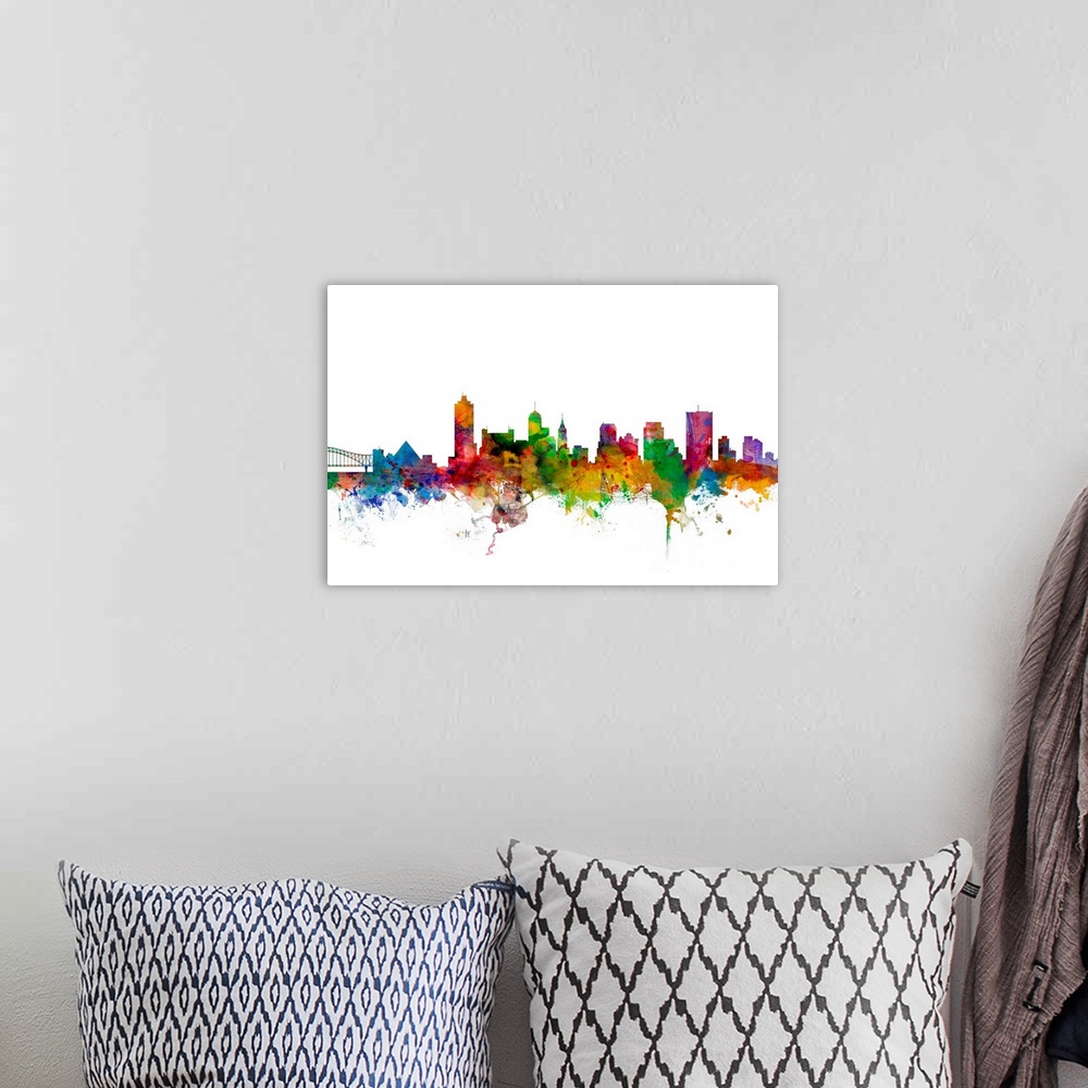 A bohemian room featuring Watercolor artwork of the Memphis skyline against a white background.