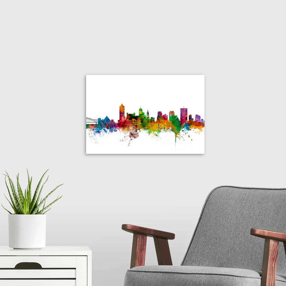 A modern room featuring Watercolor artwork of the Memphis skyline against a white background.