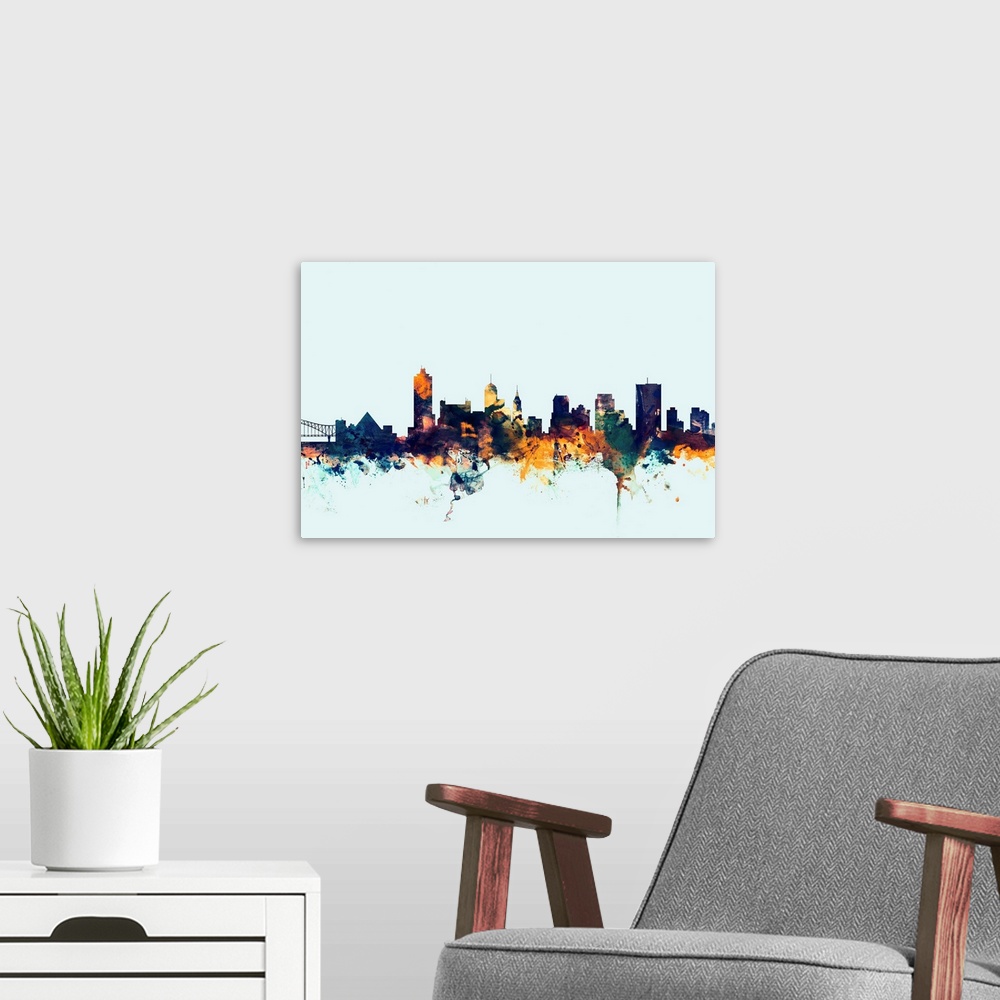A modern room featuring Dark watercolor silhouette of the Memphis city skyline against a light blue background.
