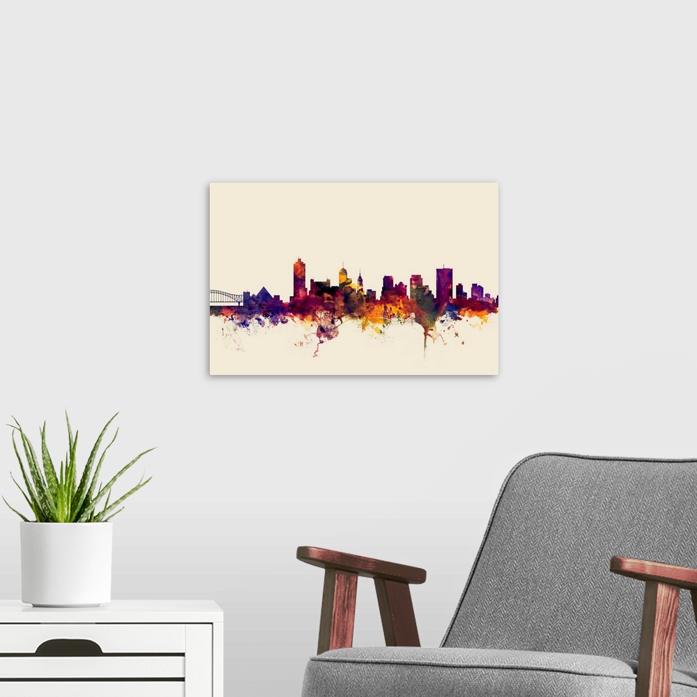 A modern room featuring Dark watercolor splattered silhouette of the Memphis city skyline.