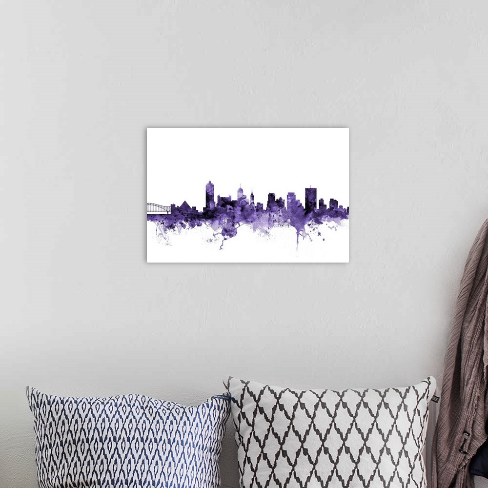 A bohemian room featuring Watercolor art print of the skyline of Memphis, Tennessee, United States