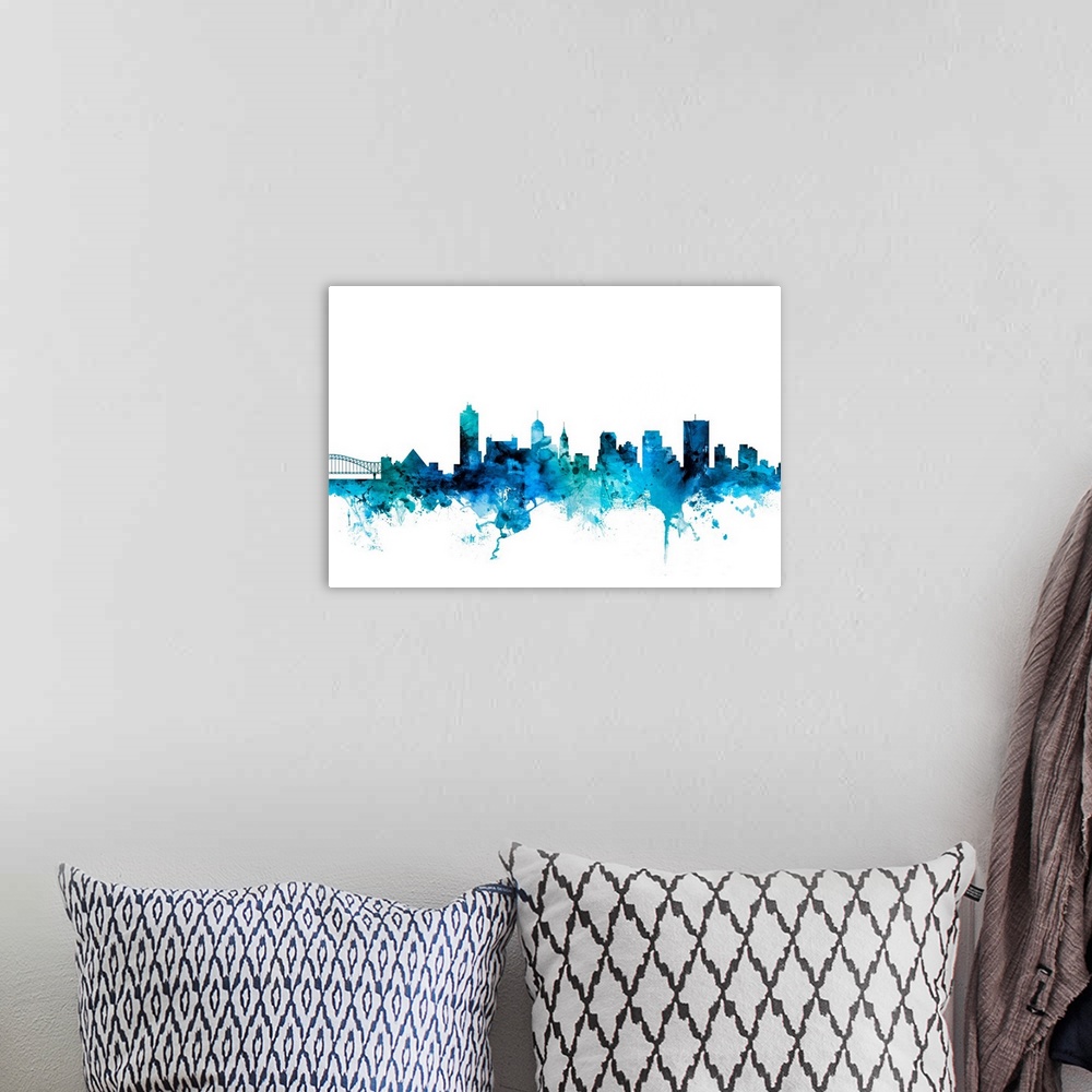 A bohemian room featuring Watercolor art print of the skyline of Memphis, Tennessee, United States.