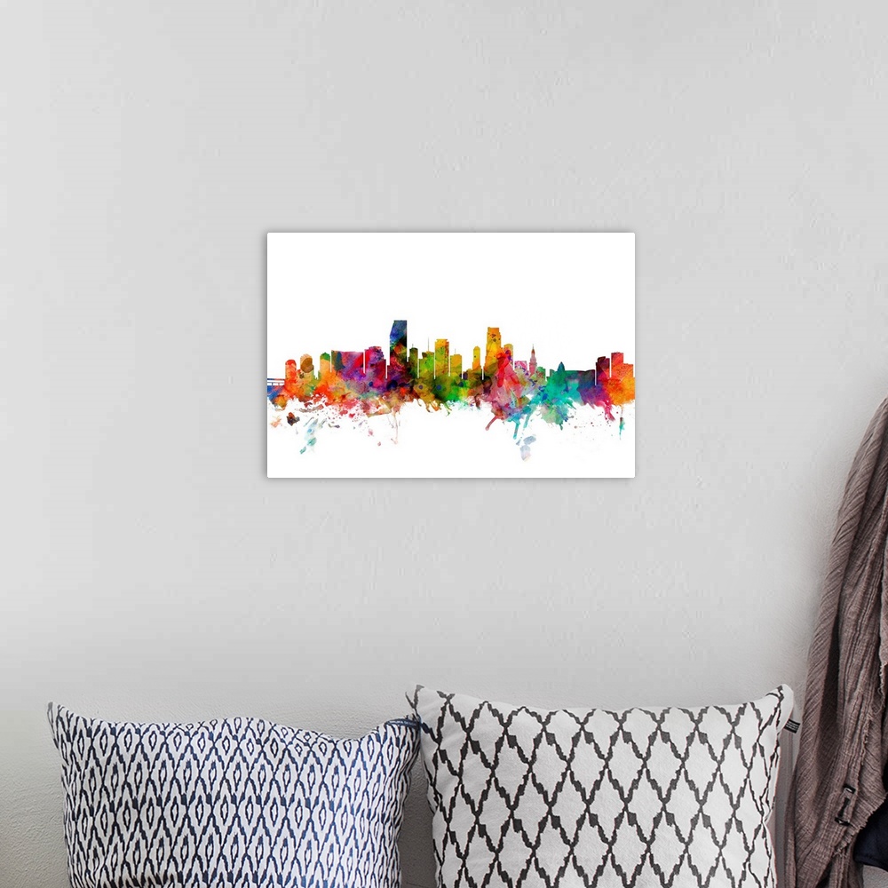 A bohemian room featuring Watercolor artwork of the Miami skyline against a white background.