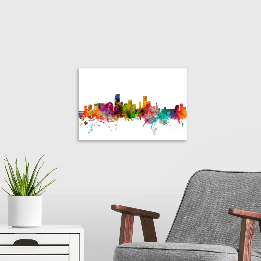 A modern room featuring Watercolor artwork of the Miami skyline against a white background.