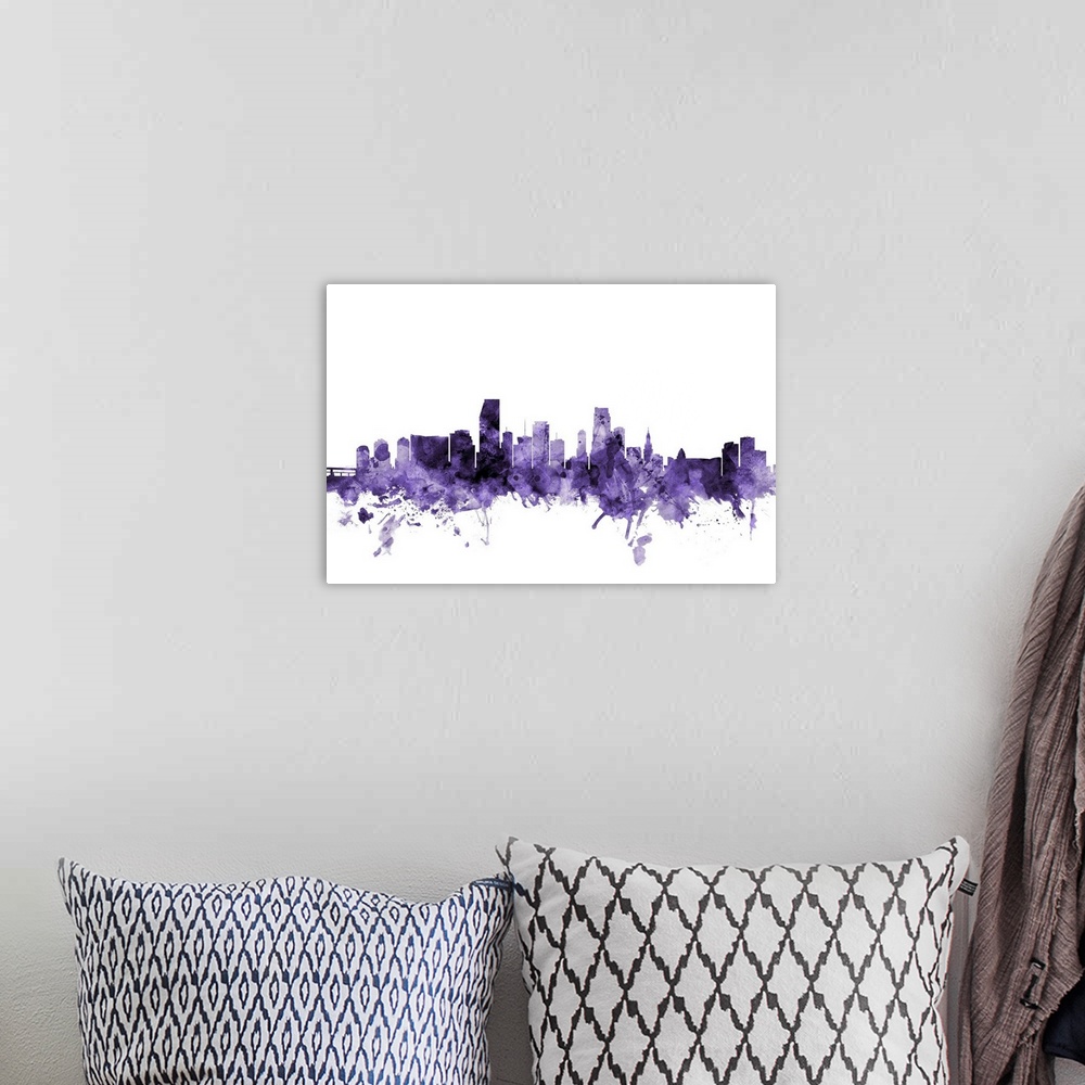 A bohemian room featuring Watercolor art print of the skyline of Miami, Florida, United States