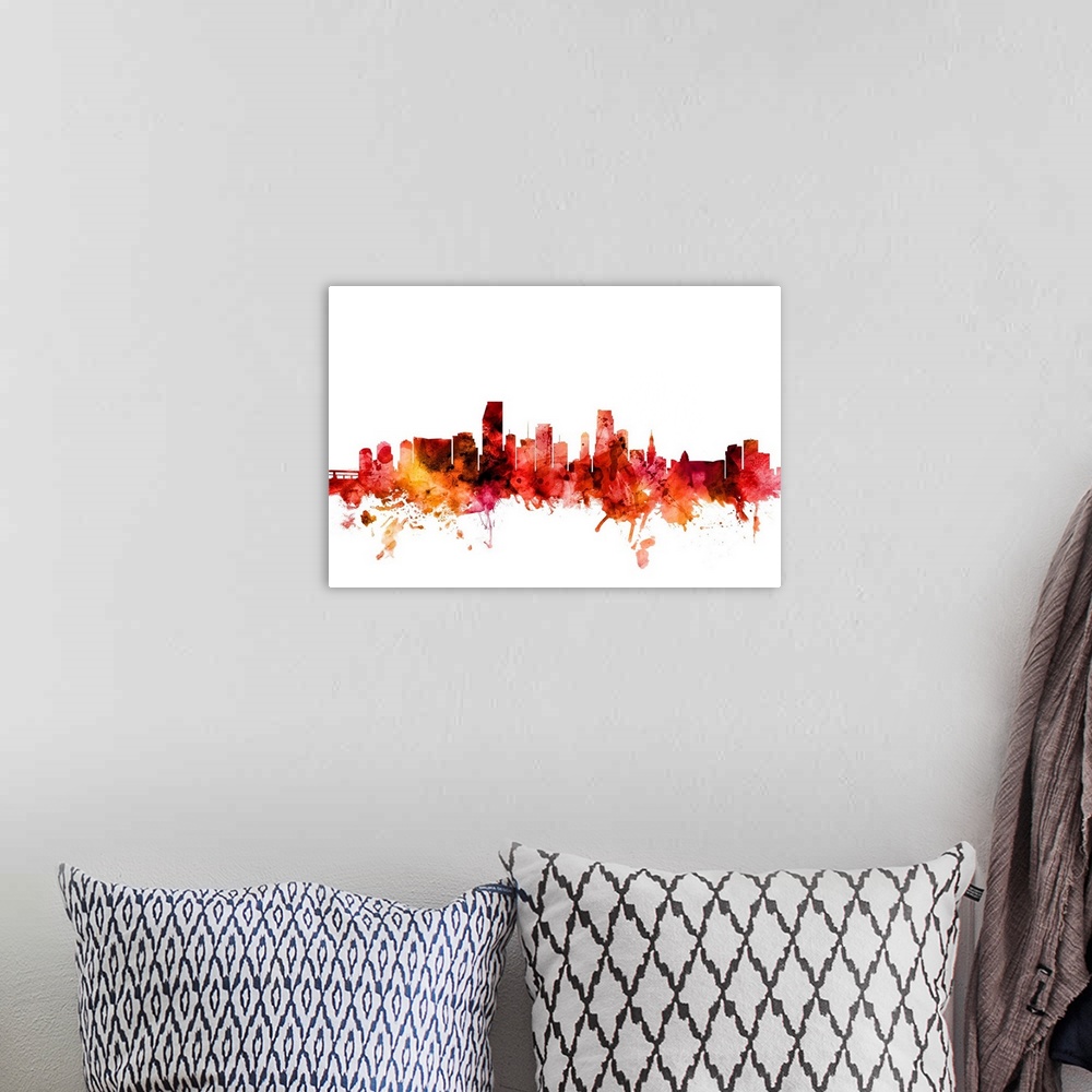 A bohemian room featuring Watercolor art print of the skyline of Miami, Florida, United States.
