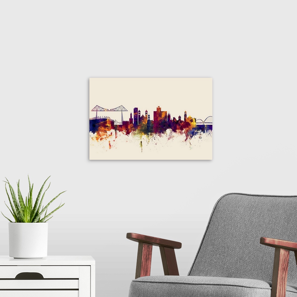 A modern room featuring Watercolor art print of the skyline of Middlesbrough, England, United Kingdom