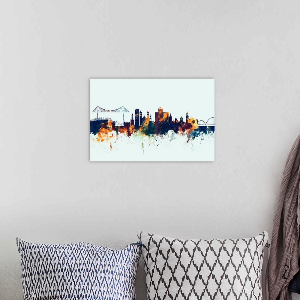 A bohemian room featuring Watercolor art print of the skyline of Middlesbrough, England, United Kingdom