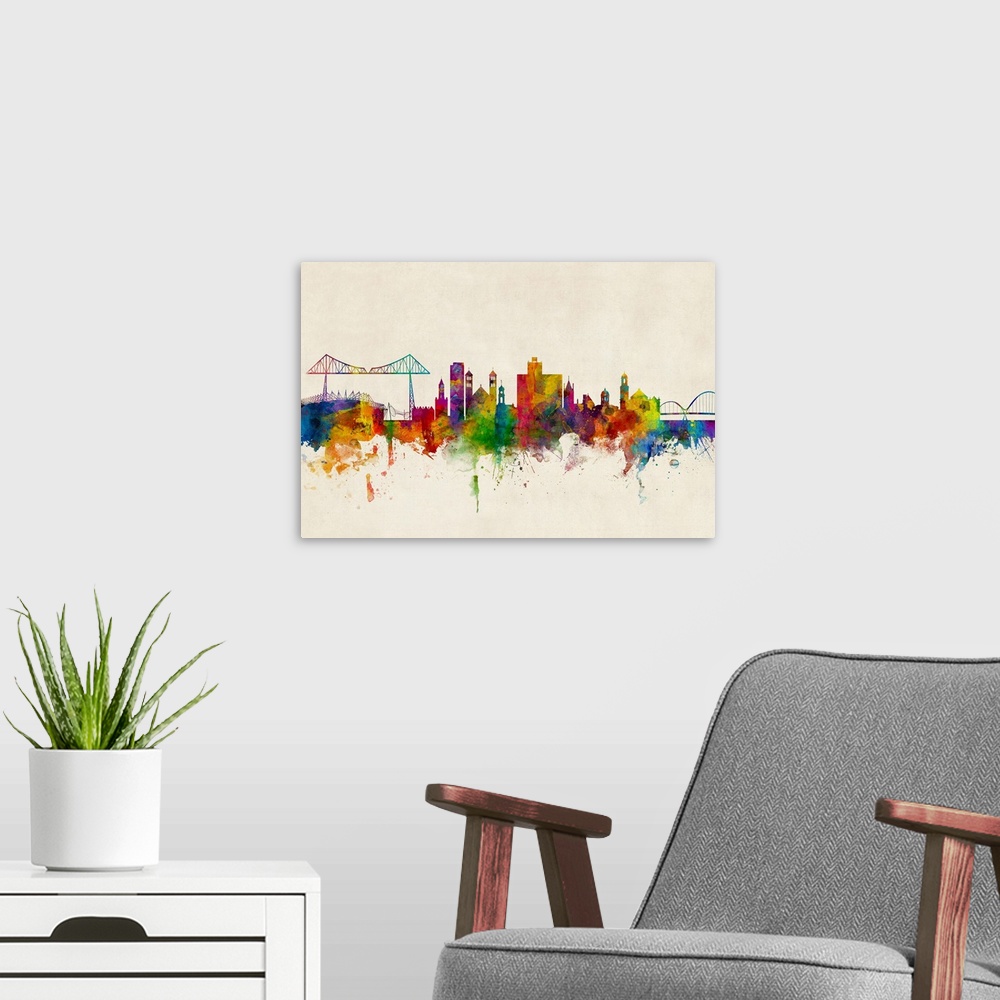 A modern room featuring Watercolor art print of the skyline of Middlesbrough, England, United Kingdom