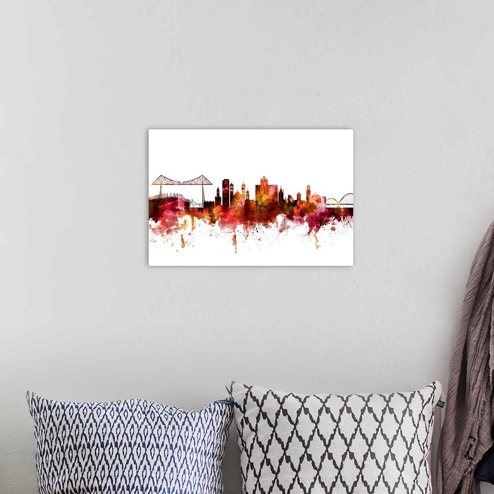 A bohemian room featuring Watercolor art print of the skyline of Middlesbrough, England, United Kingdom.