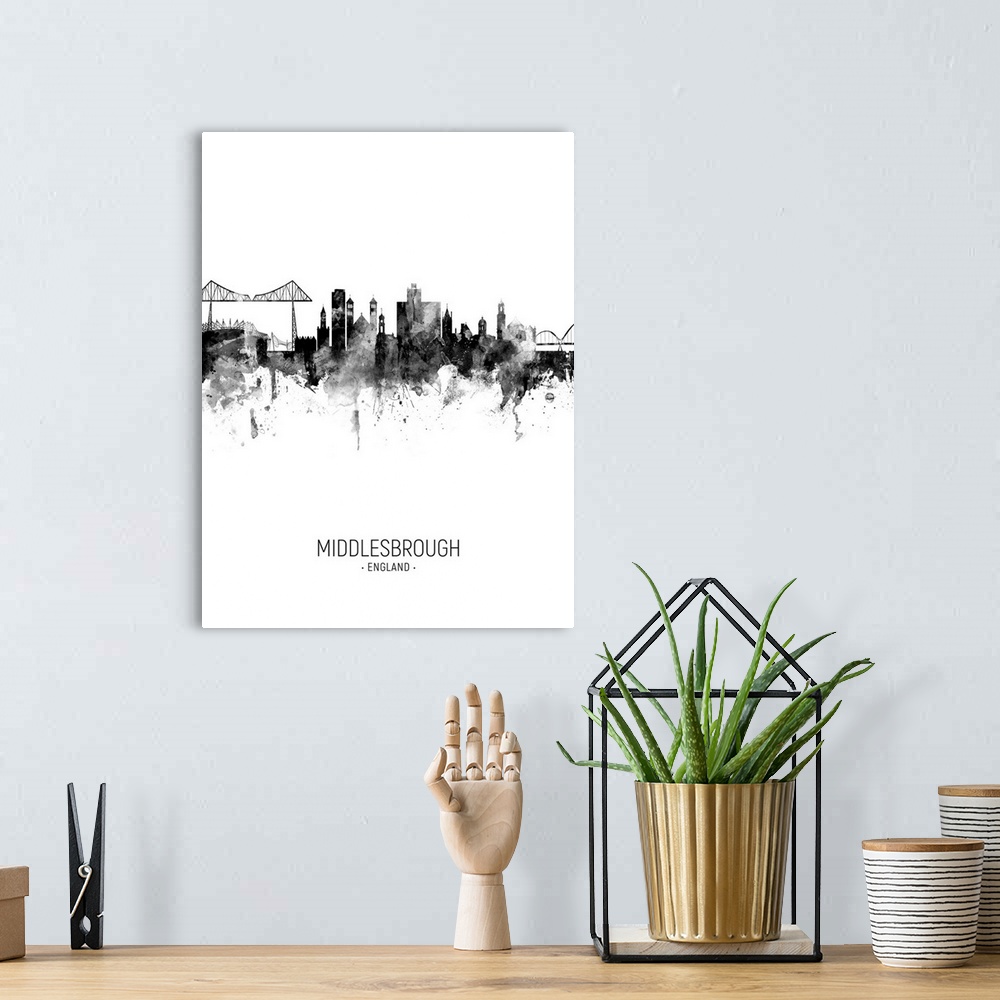 A bohemian room featuring Watercolor art print of the skyline of Middlesbrough, England, United Kingdom