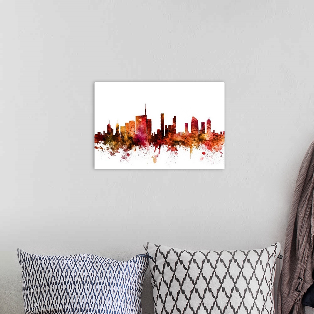 A bohemian room featuring Watercolor art print of the skyline of Milan, Italy.
