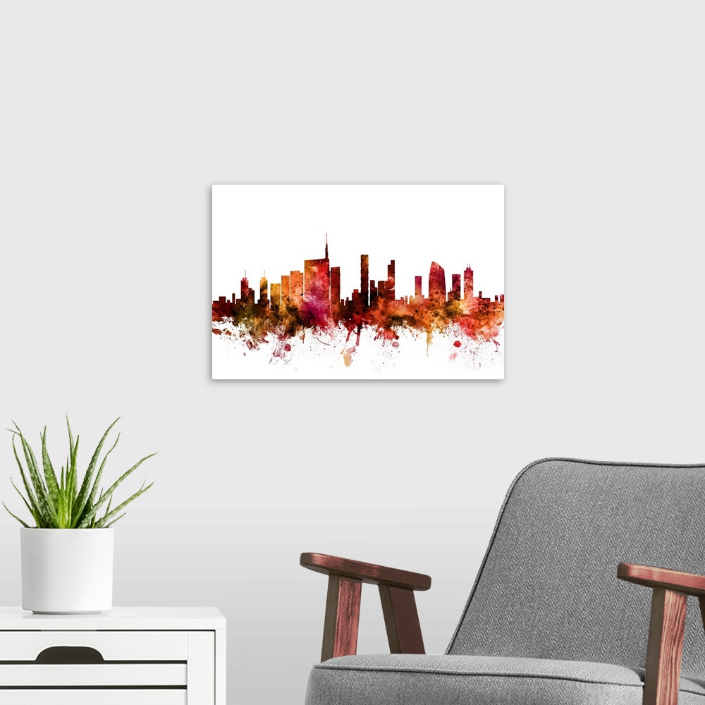 A modern room featuring Watercolor art print of the skyline of Milan, Italy.