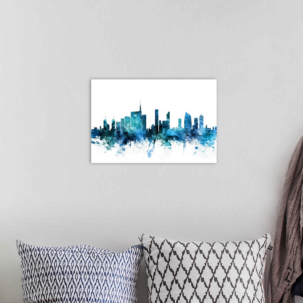A bohemian room featuring Watercolor art print of the skyline of Milan, Italy.