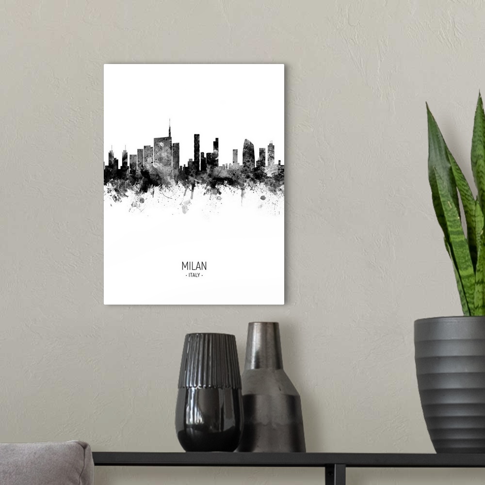 A modern room featuring Watercolor art print of the skyline of Milan, Italy