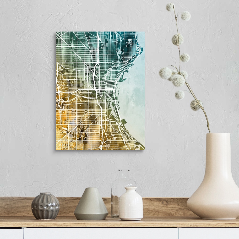 A farmhouse room featuring Watercolor street map of Milwaukee, Wisconsin, United States