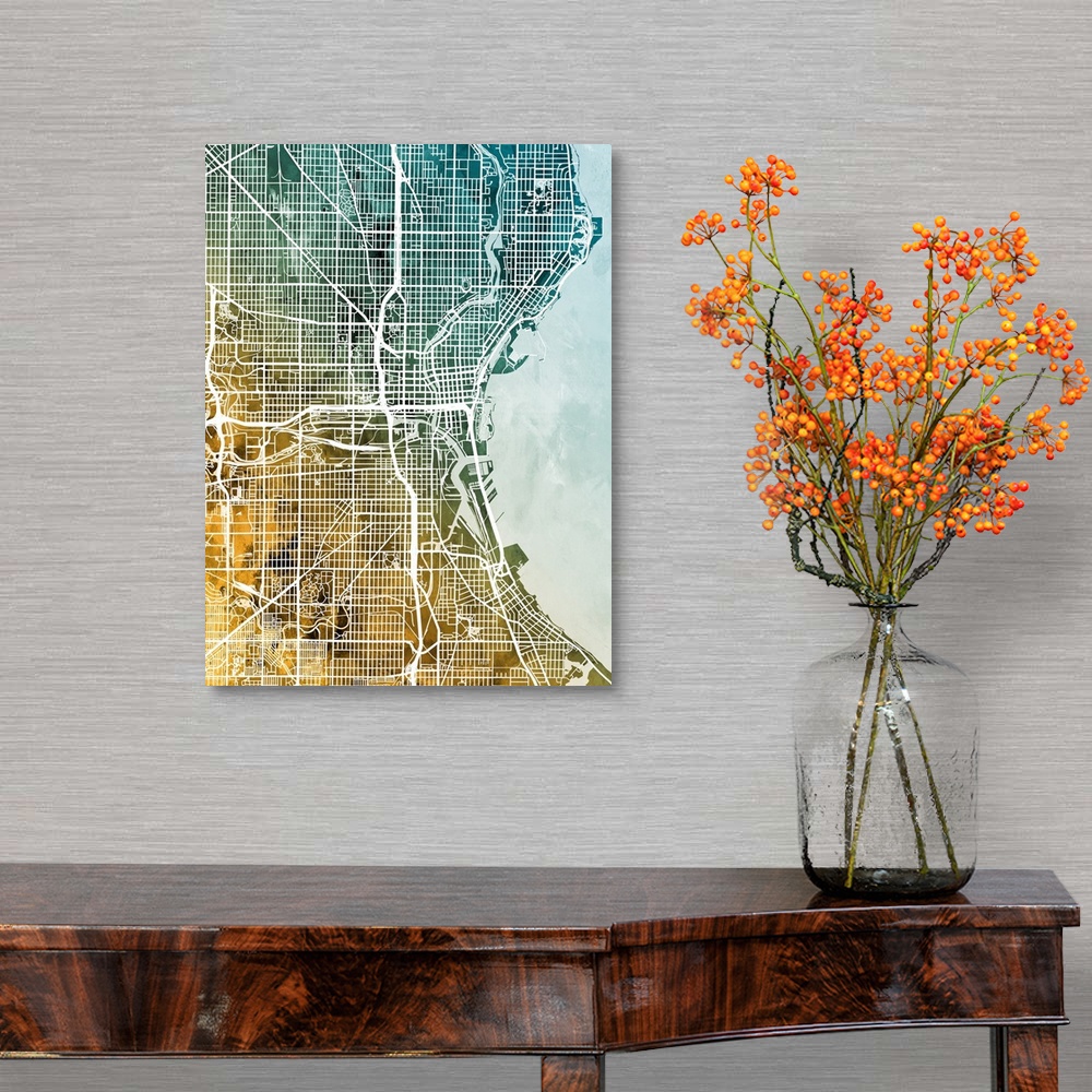 A traditional room featuring Watercolor street map of Milwaukee, Wisconsin, United States