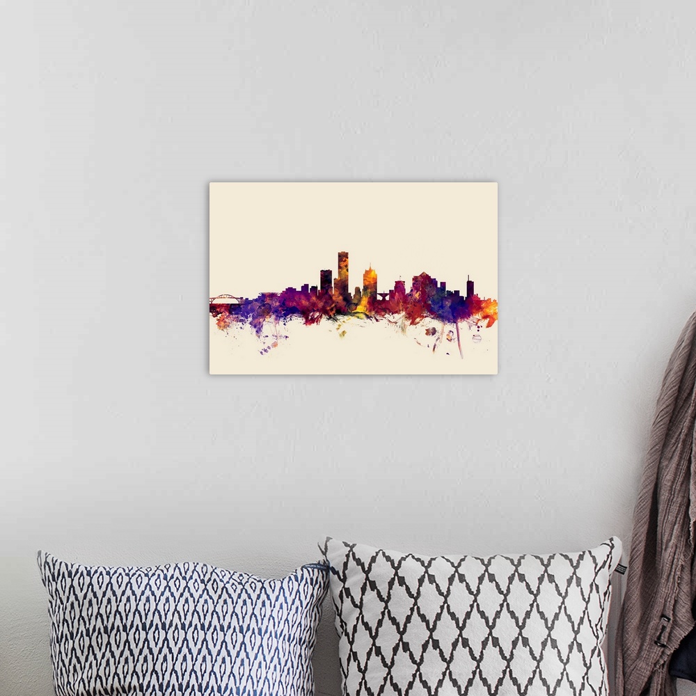 A bohemian room featuring Dark watercolor splattered silhouette of the Milwaukee city skyline.