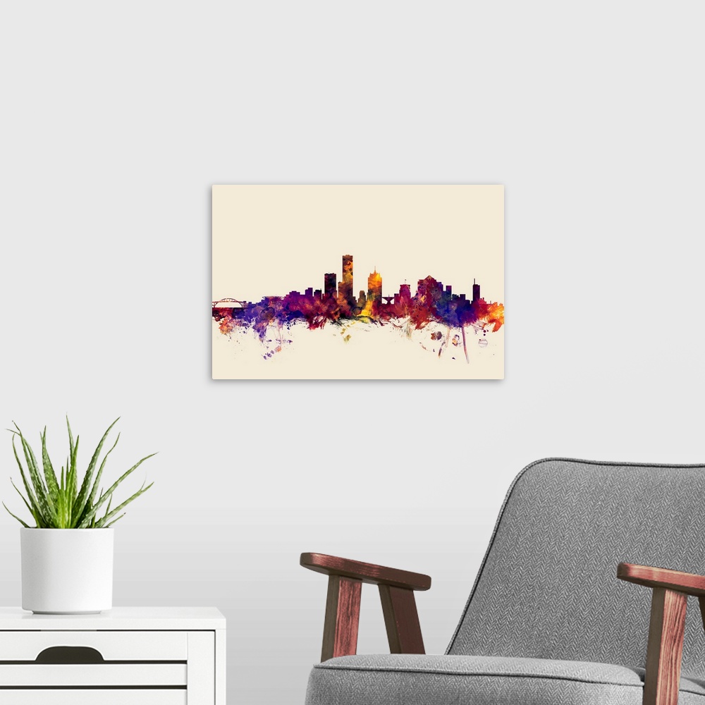 A modern room featuring Dark watercolor splattered silhouette of the Milwaukee city skyline.