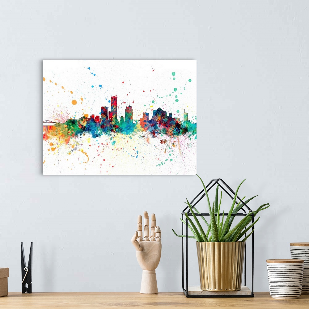 A bohemian room featuring Wild and vibrant paint splatter silhouette of the Milwaukee skyline.