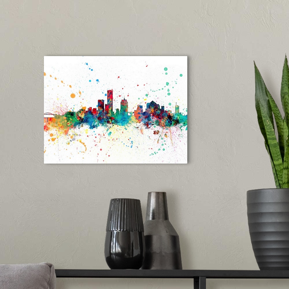 A modern room featuring Wild and vibrant paint splatter silhouette of the Milwaukee skyline.