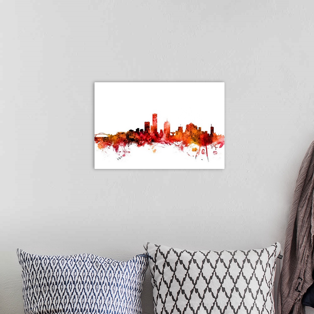 A bohemian room featuring Watercolor art print of the skyline of Milwaukee, Wisconsin, United States.