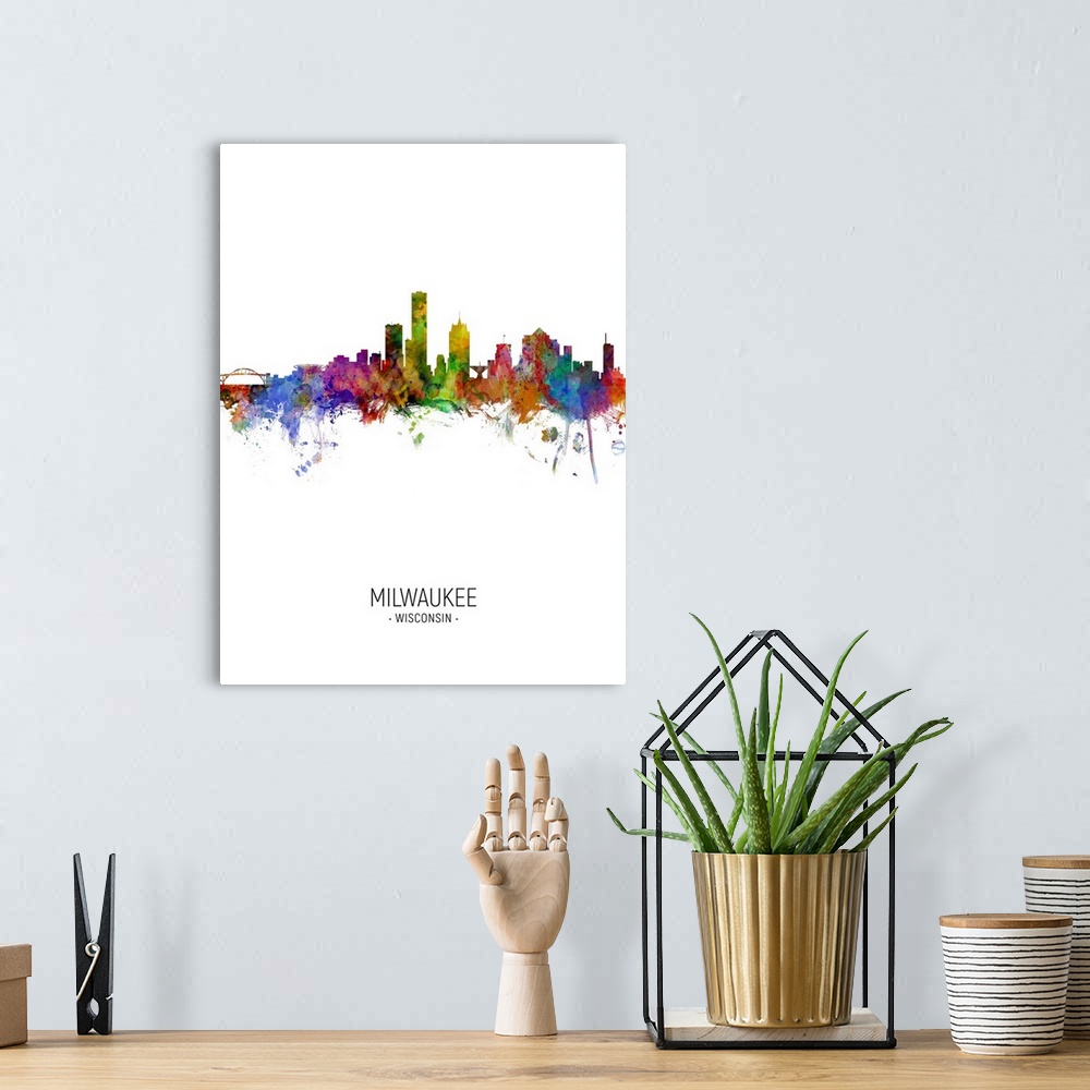 A bohemian room featuring Watercolor art print of the skyline of Milwaukee, Wisconsin, United States