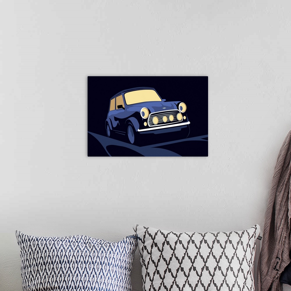 A bohemian room featuring Classic Mini Cooper in blue, pop art print