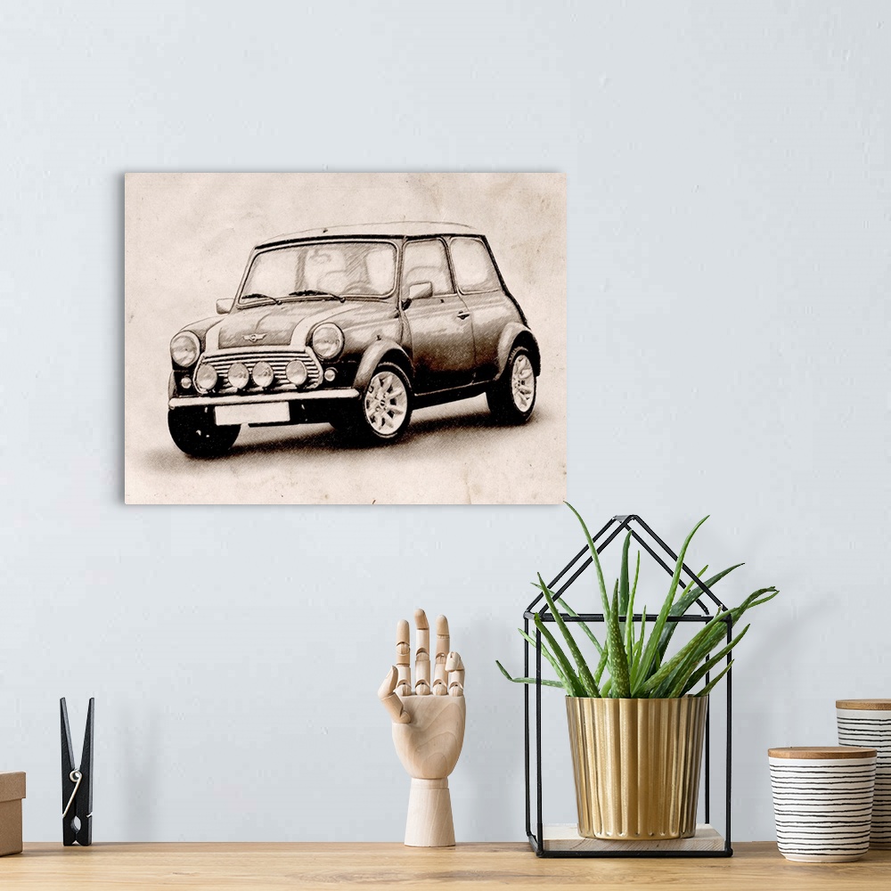 A bohemian room featuring Large horizontal artwork of a classic Austin Mini Cooper on a paper background.