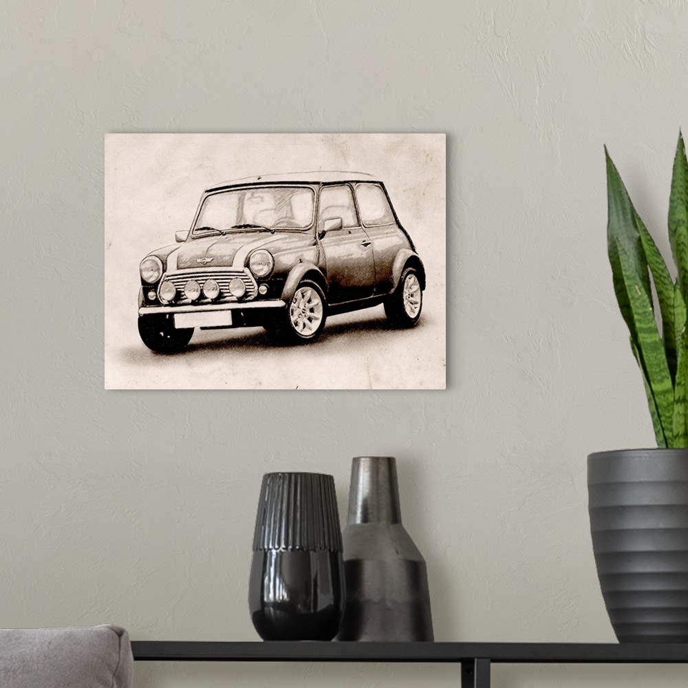A modern room featuring Large horizontal artwork of a classic Austin Mini Cooper on a paper background.