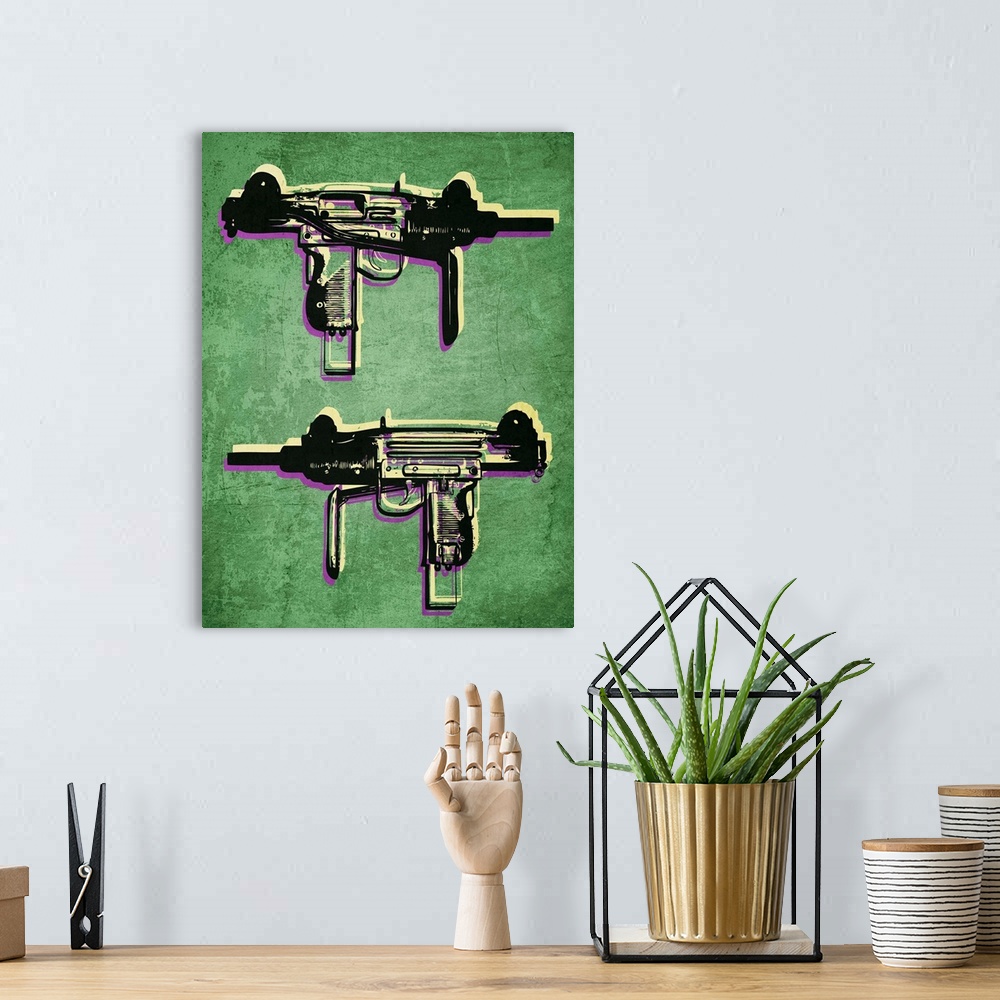 A bohemian room featuring Mini Uzi Sub Machine Gun on Green, Pop Art