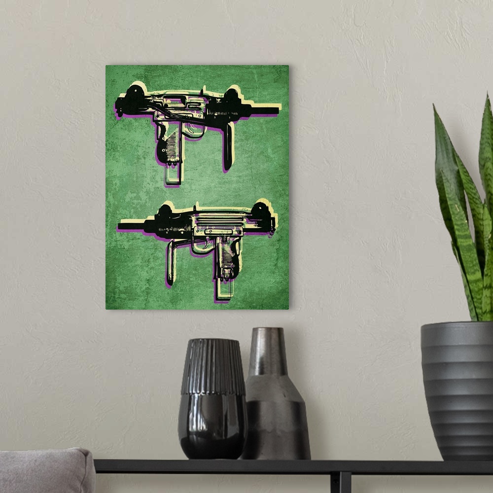 A modern room featuring Mini Uzi Sub Machine Gun on Green, Pop Art
