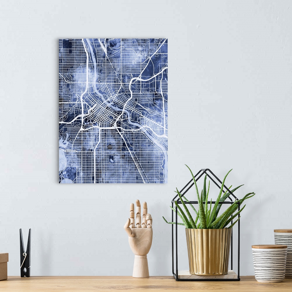 A bohemian room featuring Watercolor street map of Minneapolis, Minnesota, United States.