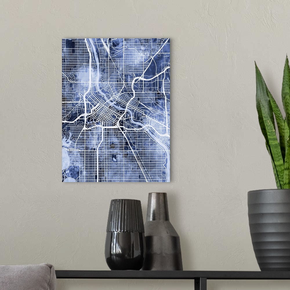 A modern room featuring Watercolor street map of Minneapolis, Minnesota, United States.
