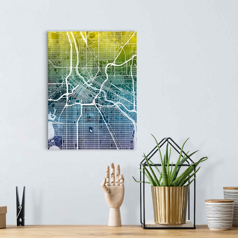 A bohemian room featuring Watercolor street map of Minneapolis, Minnesota, United States.
