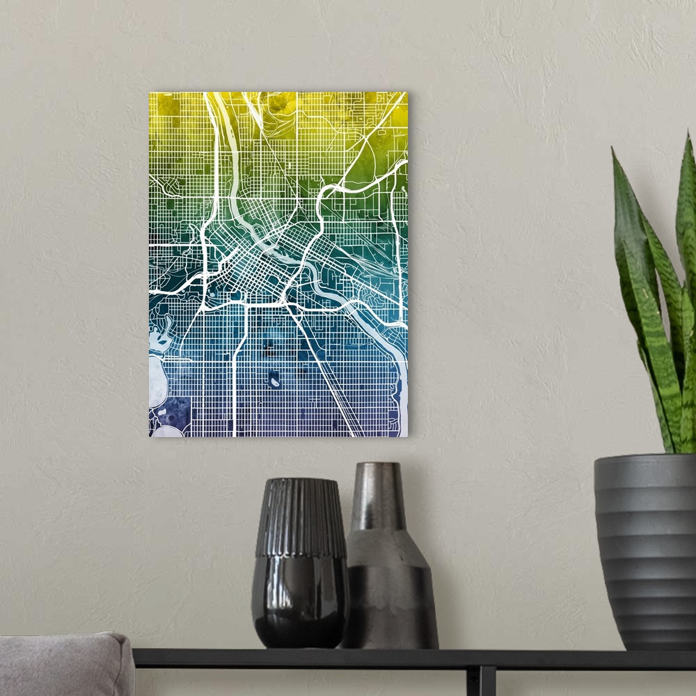 A modern room featuring Watercolor street map of Minneapolis, Minnesota, United States.