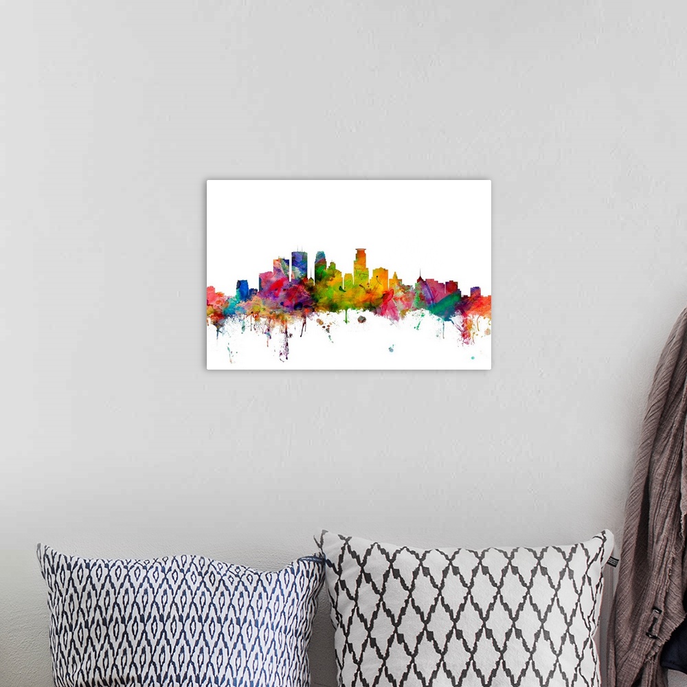 A bohemian room featuring Watercolor artwork of the Minneapolis skyline against a white background.